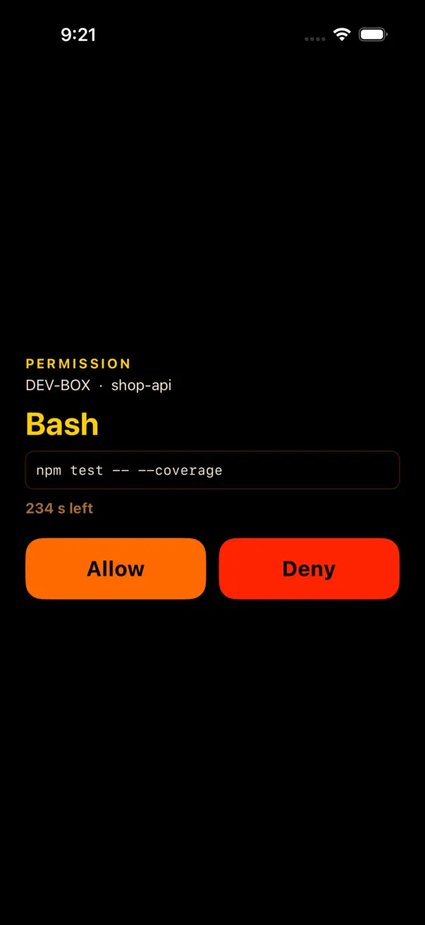A permission card: Bash npm test -- --coverage with 234 seconds left, Allow and Deny