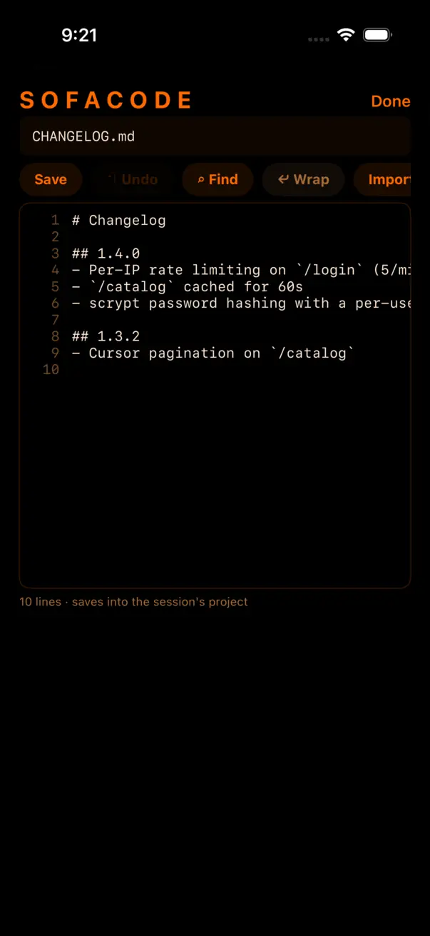 The code editor open on CHANGELOG.md
