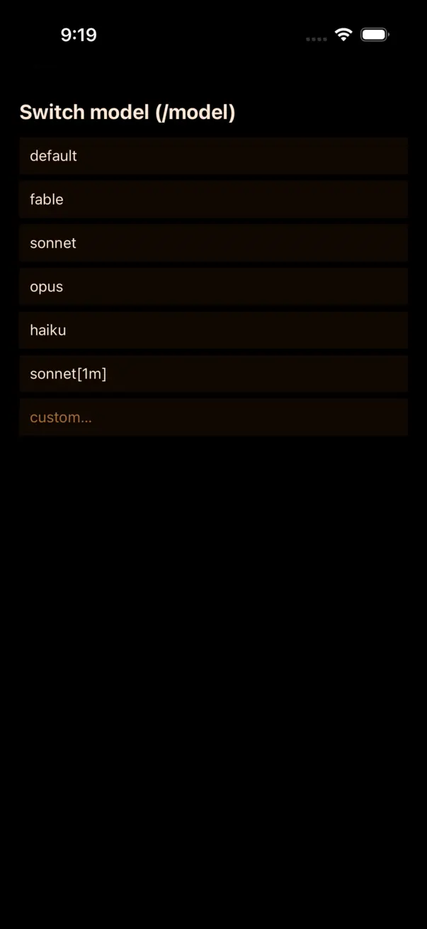 The Switch model list: default, fable, sonnet, opus, haiku