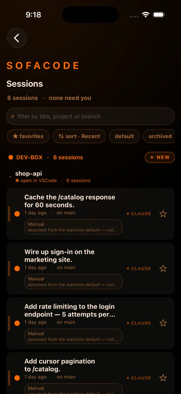 The sessions list grouped by machine and project