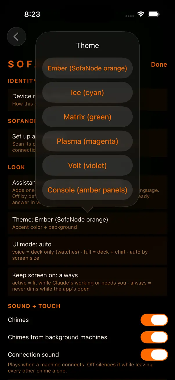 The theme picker with six themes