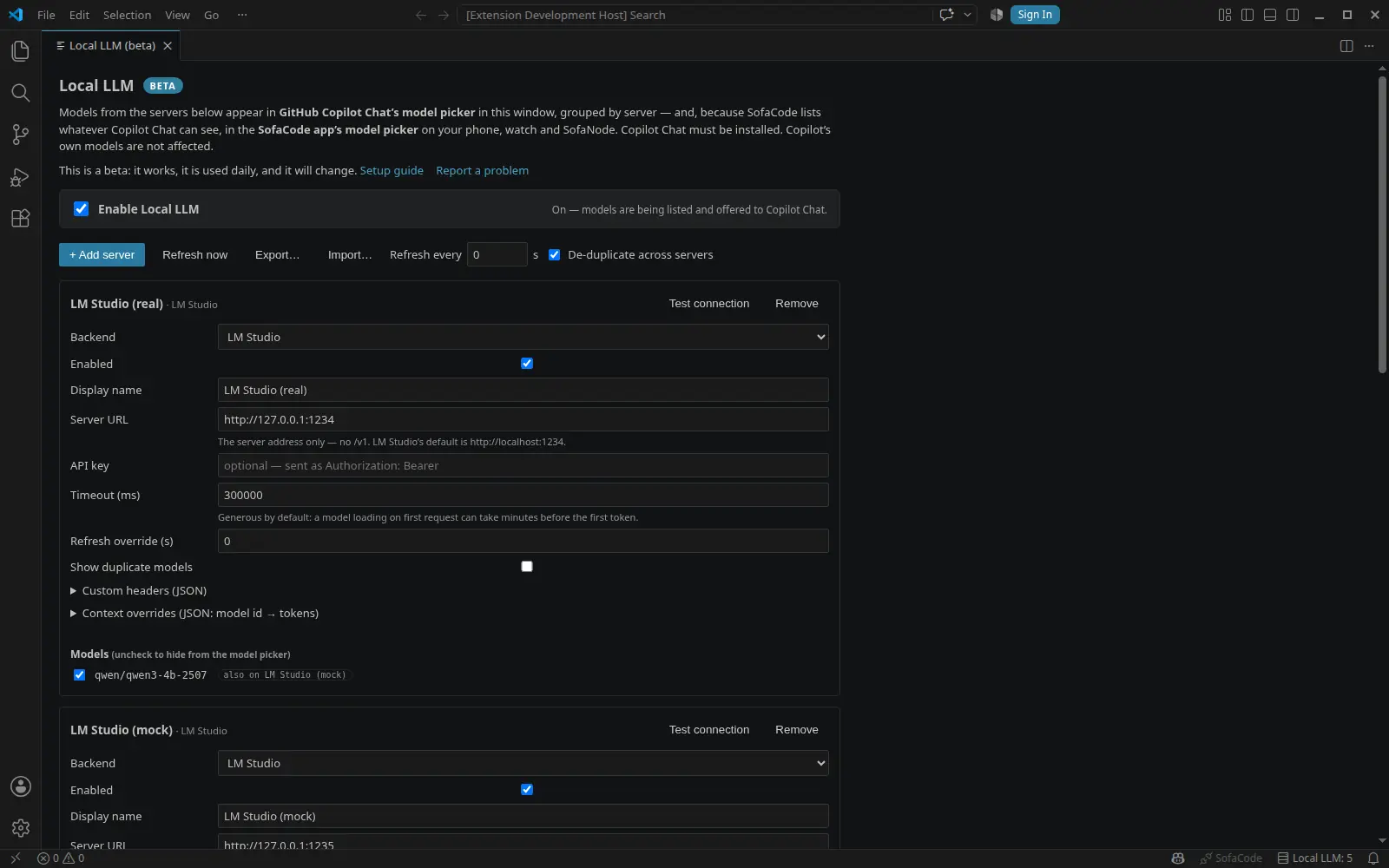 The Local LLM settings page in VS Code: the beta tag, the enable switch, and a server card for LM Studio with its model listed