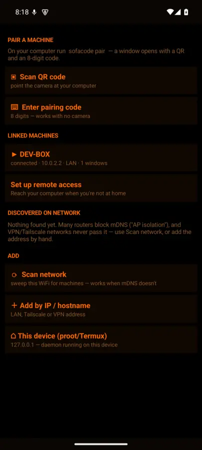 The Machines screen: scan QR code, enter pairing code, linked machines, add by IP
