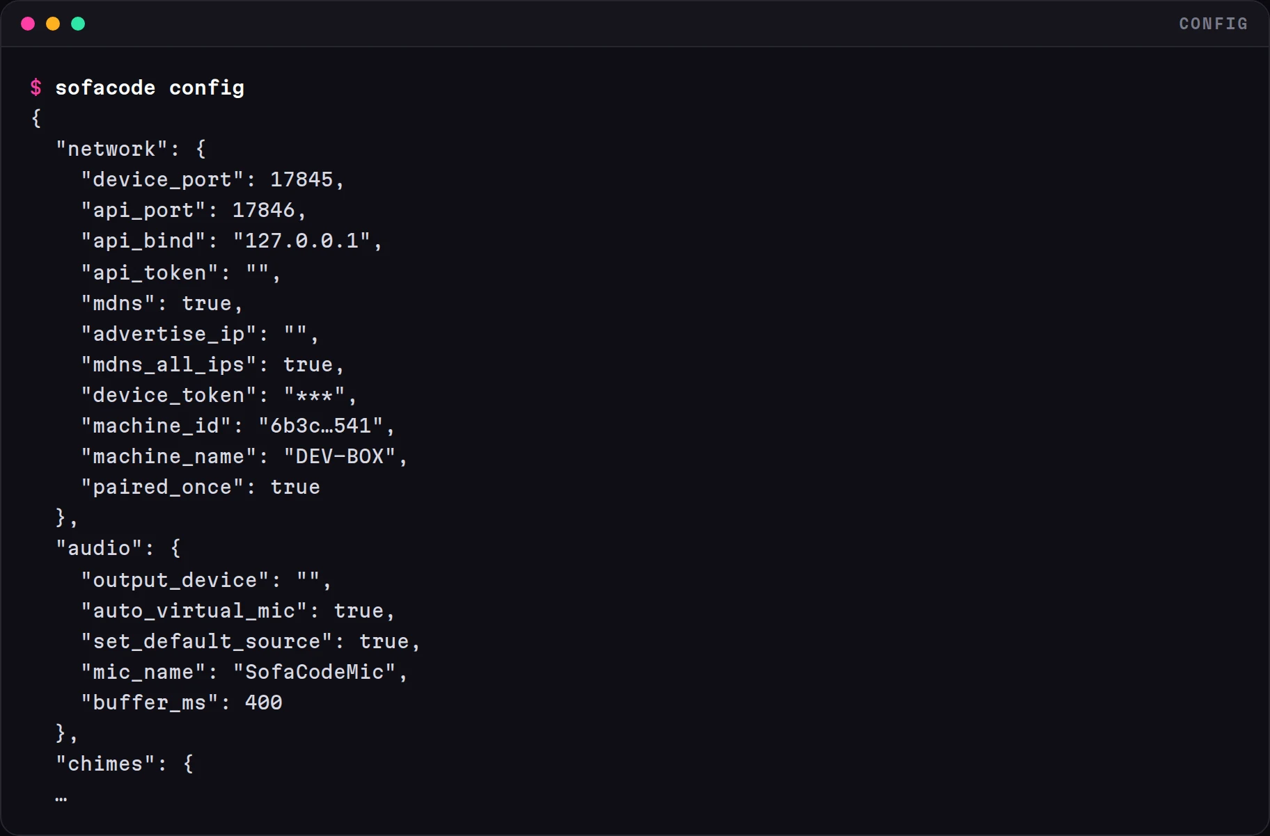 Terminal: sofacode config output