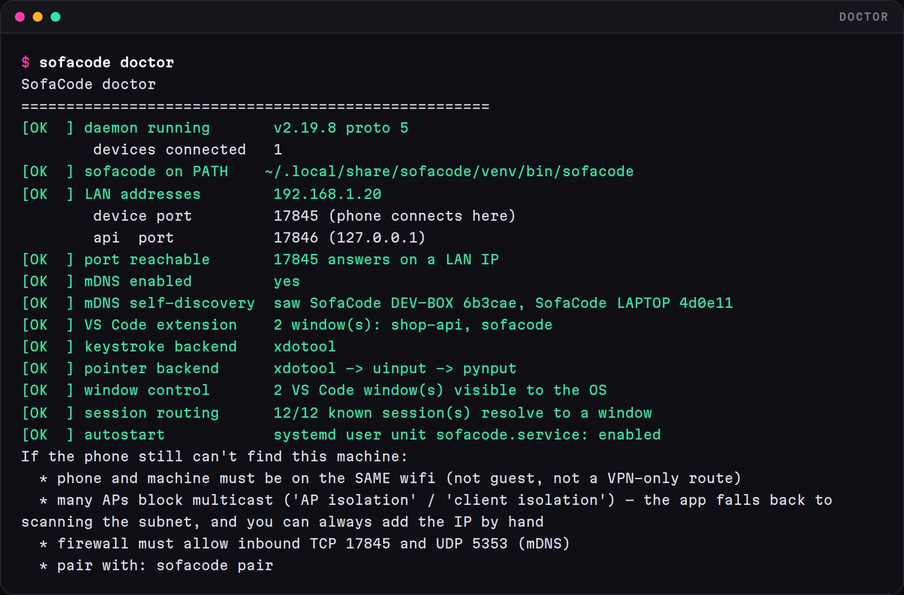 Terminal: sofacode doctor with every check OK
