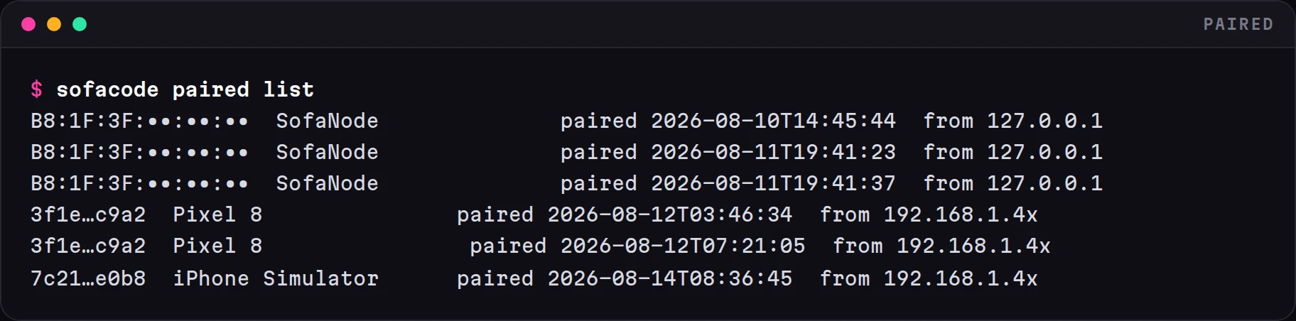 Terminal: sofacode paired list