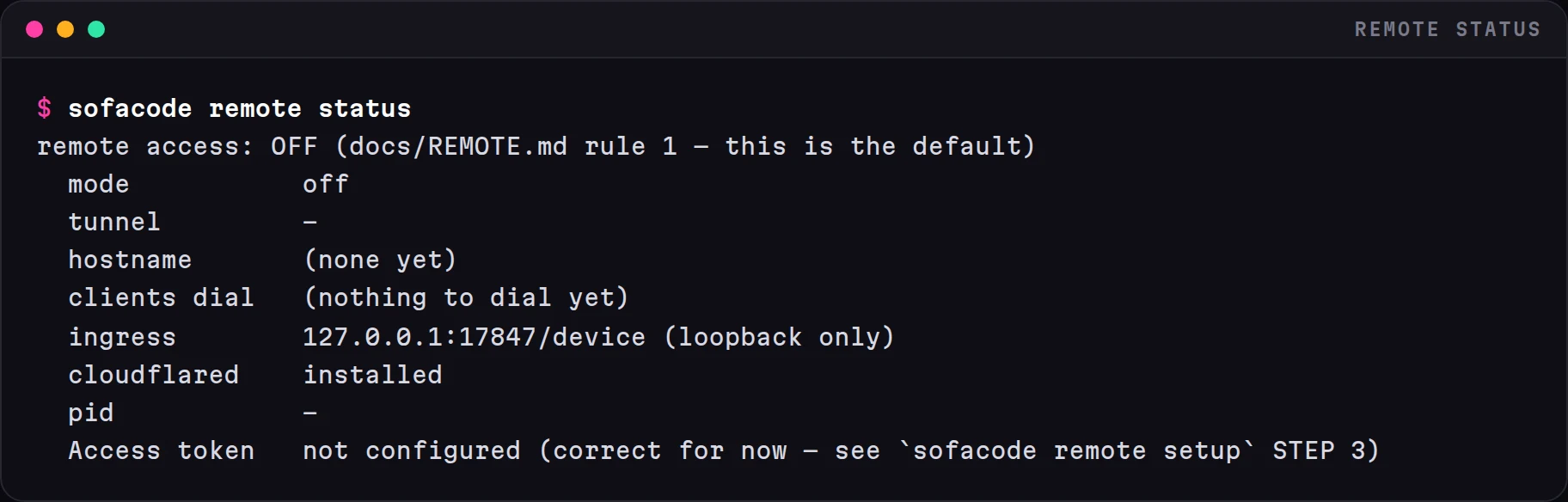 Terminal: sofacode remote status reporting OFF
