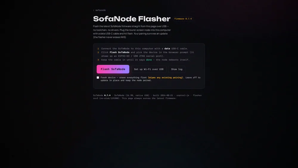 The SofaNode Flasher page with the Flash SofaNode button and the numbered connect-and-flash steps.