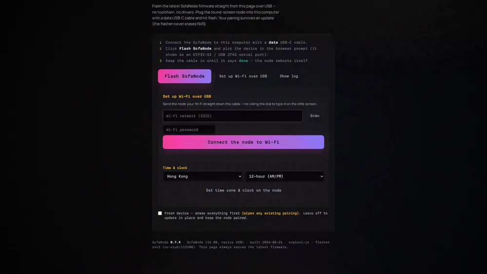 The flasher's Wi-Fi form: network name, password, and a timezone and clock selector.