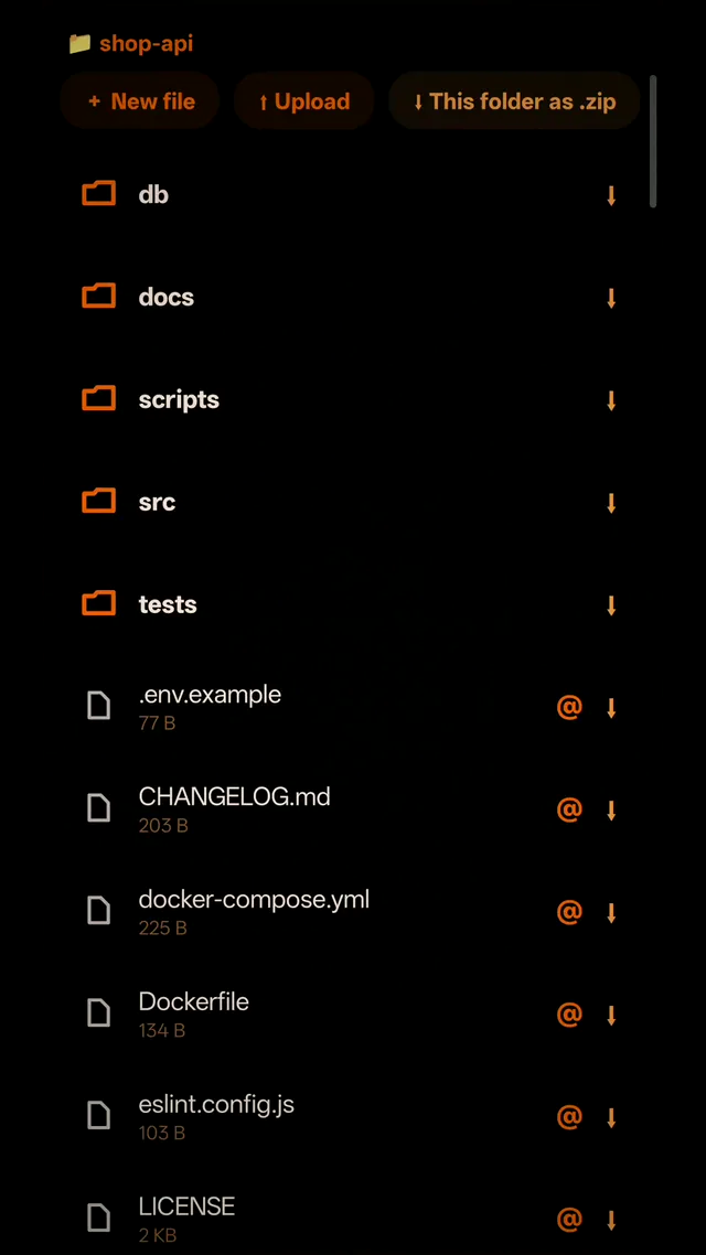 The project file browser showing folders and files in the shop-api repository.