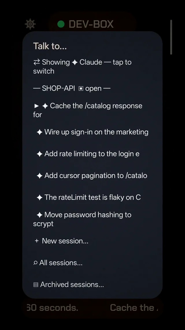 The sessions overlay listing every session across paired machines, with new, all, and archived.