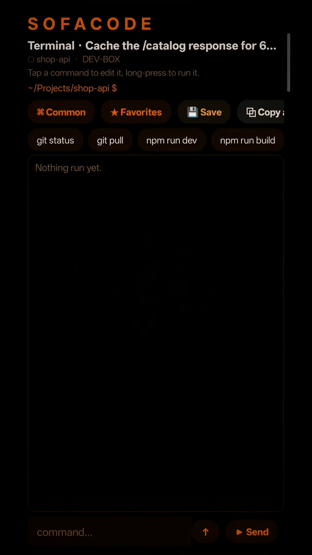 A real terminal on the machine, with saved command shortcuts, driven from the phone.