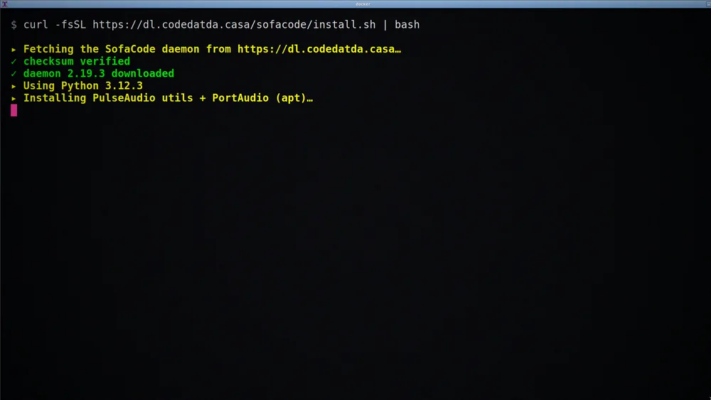 Terminal running the installer: fetching the daemon, verifying its checksum, and setting up a virtual environment.