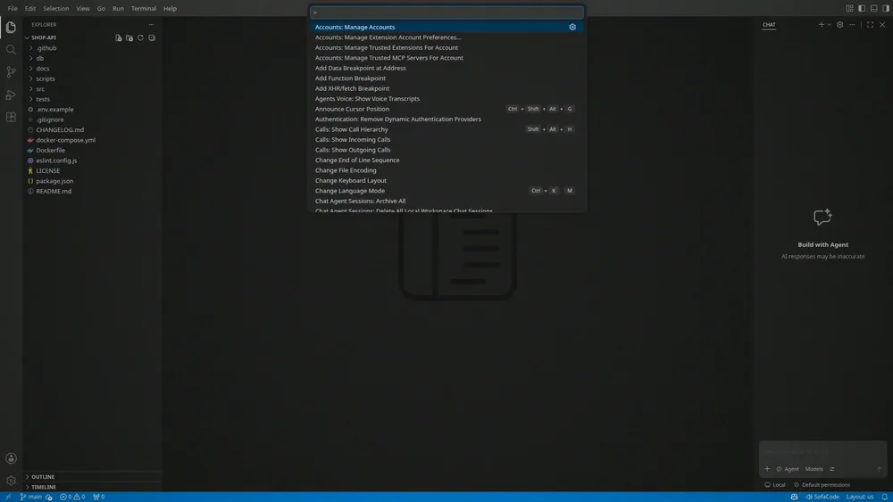 VS Code with the Command Palette open and the SofaCode extension connected in the status bar.