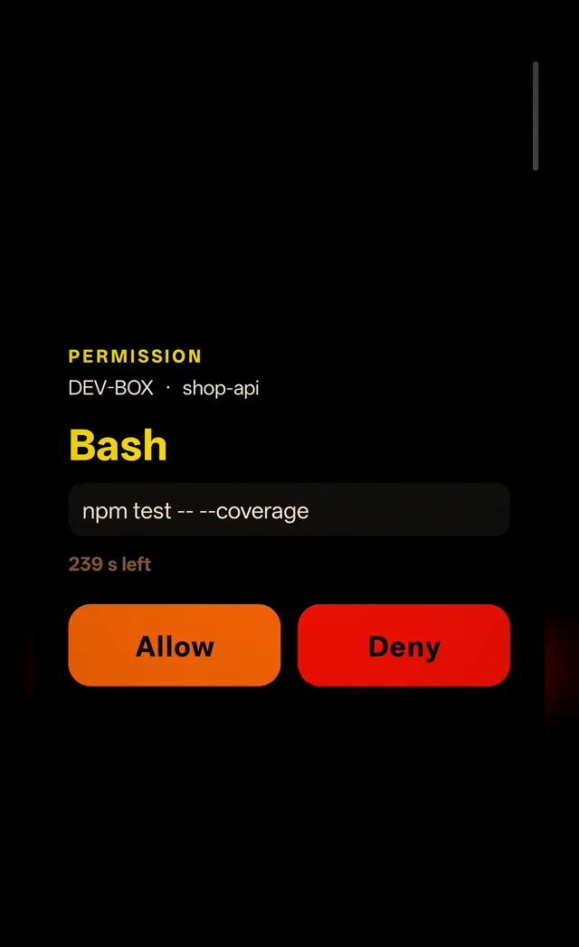 The full approval card naming the machine, session, and the exact command, with Allow and Deny.