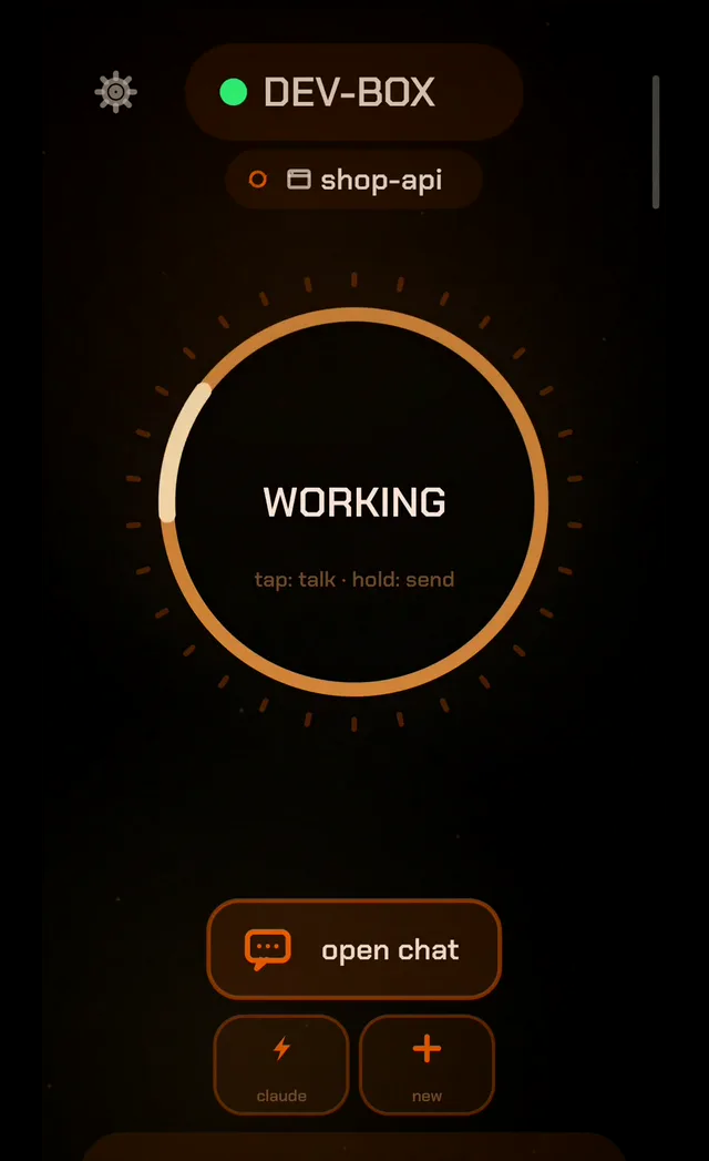 The deck showing a WORKING ring for the DEV-BOX machine and shop-api session.