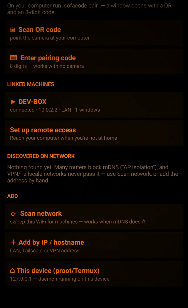 The app's set-up screen: scan QR code, enter a pairing code, and the list of linked machines.