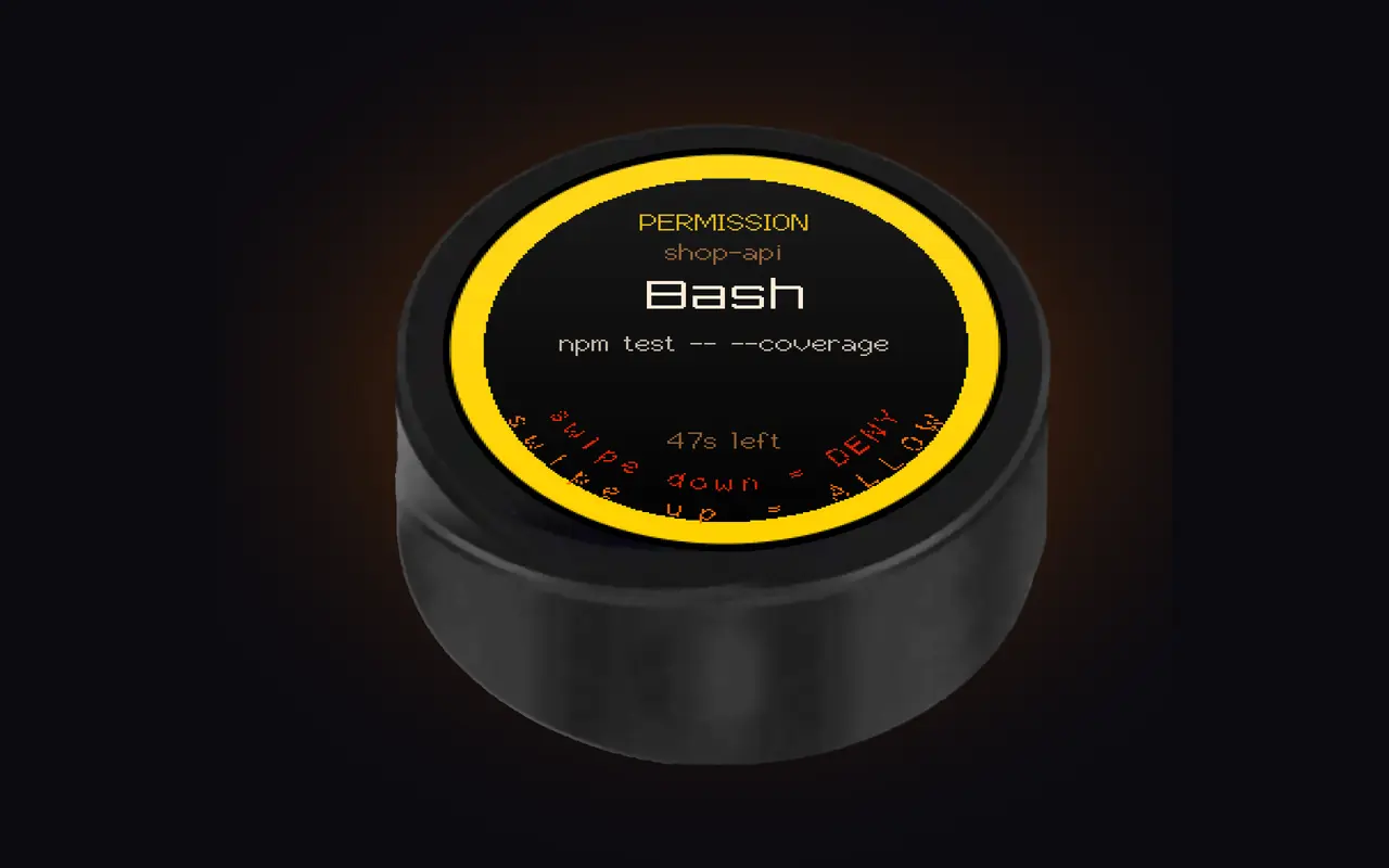 SofaNode from above showing a permission card: Bash, npm test, swipe up to allow