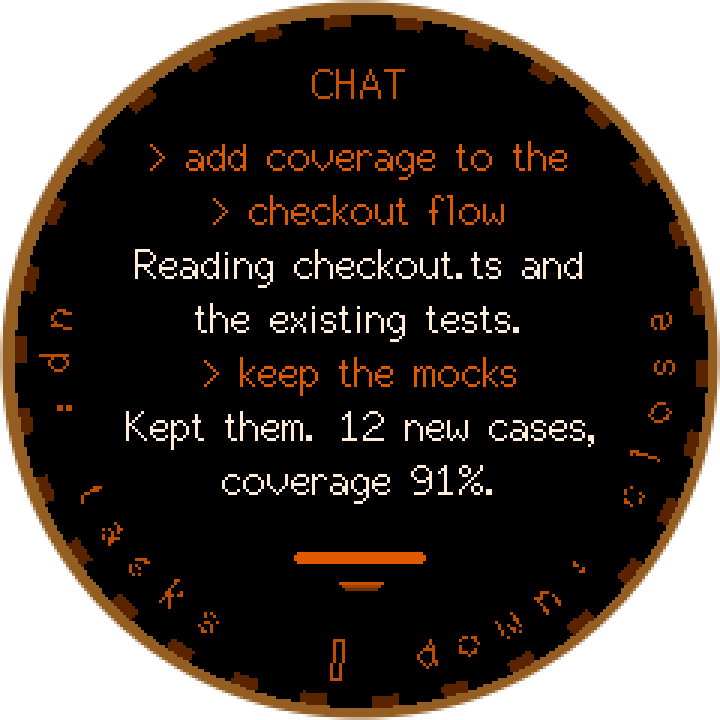 The chat transcript on the circle, user turns in orange