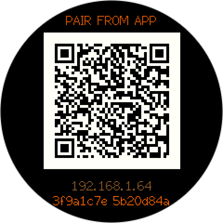 The pairing screen: a scannable QR, the address and the 16-character code