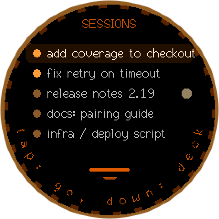 The sessions list with state dots and an unheard-reply pip