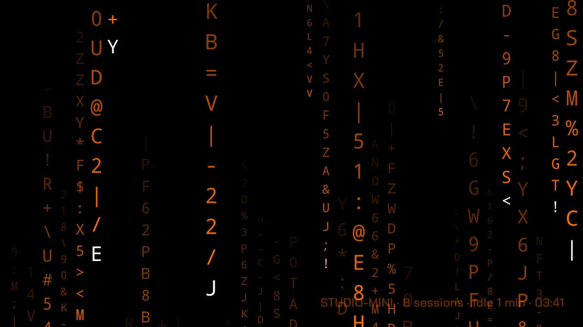 The Night rain screensaver: columns of orange characters falling down a black screen, with the machine name and session count along the bottom