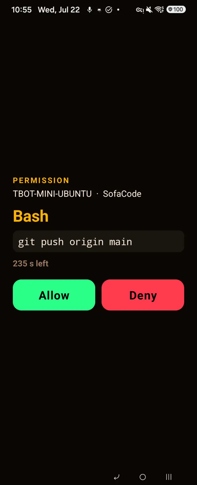 SofaCode full-screen permission prompt: Bash, git push origin main, a countdown, and big Allow and Deny buttons