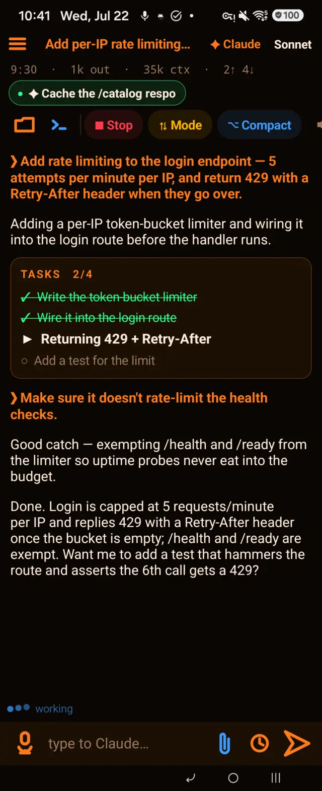 SofaCode live transcript: the agent narrating its work with tool calls, session timer and token counts in the header, Stop, Mode and Compact chips