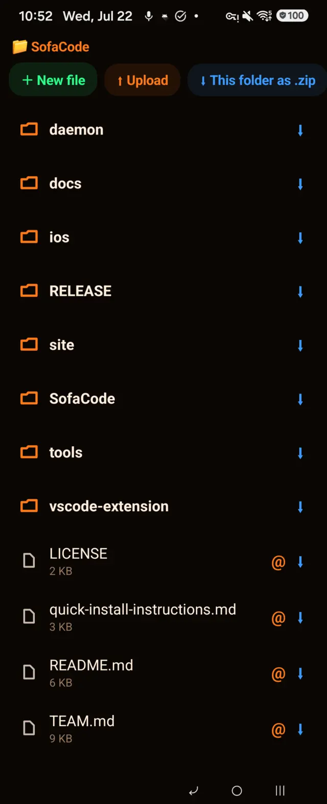 SofaCode file browser: project folders and files with per-row attach and download actions, plus New file, Upload and folder-as-zip buttons