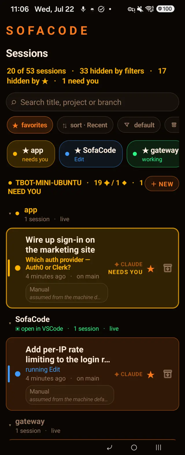 SofaCode session browser: sessions across machines, search, favorites, sort and archive controls, grouped by machine and folder with live state dots