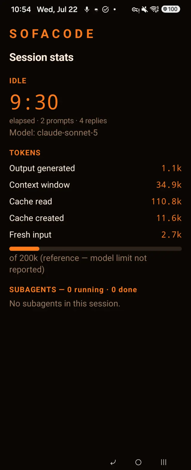SofaCode session stats screen: running timer, prompt and reply counts, model name, token breakdown with a context window meter