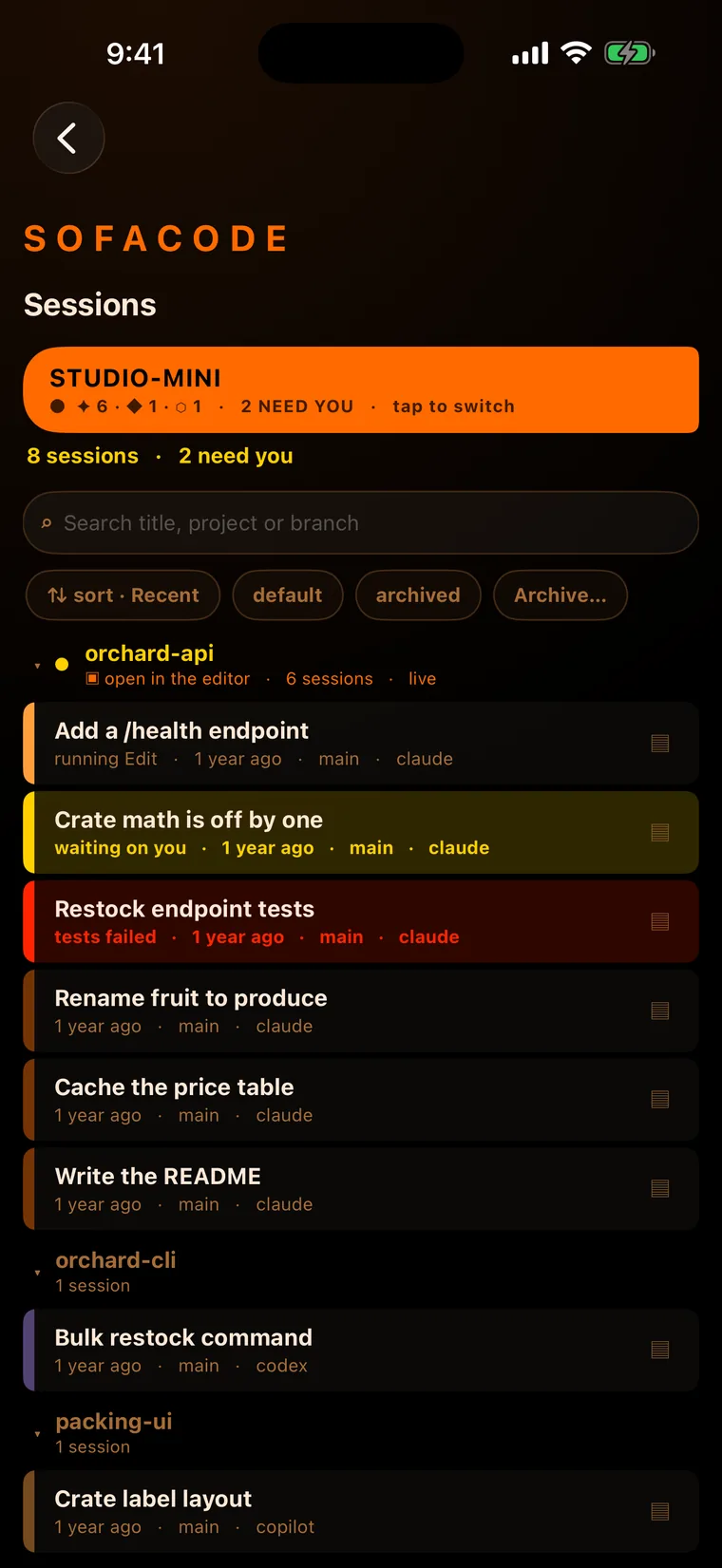 The SofaCode sessions list: sessions from one machine labeled claude, codex and copilot, with per-assistant counts in the machine pill at the top