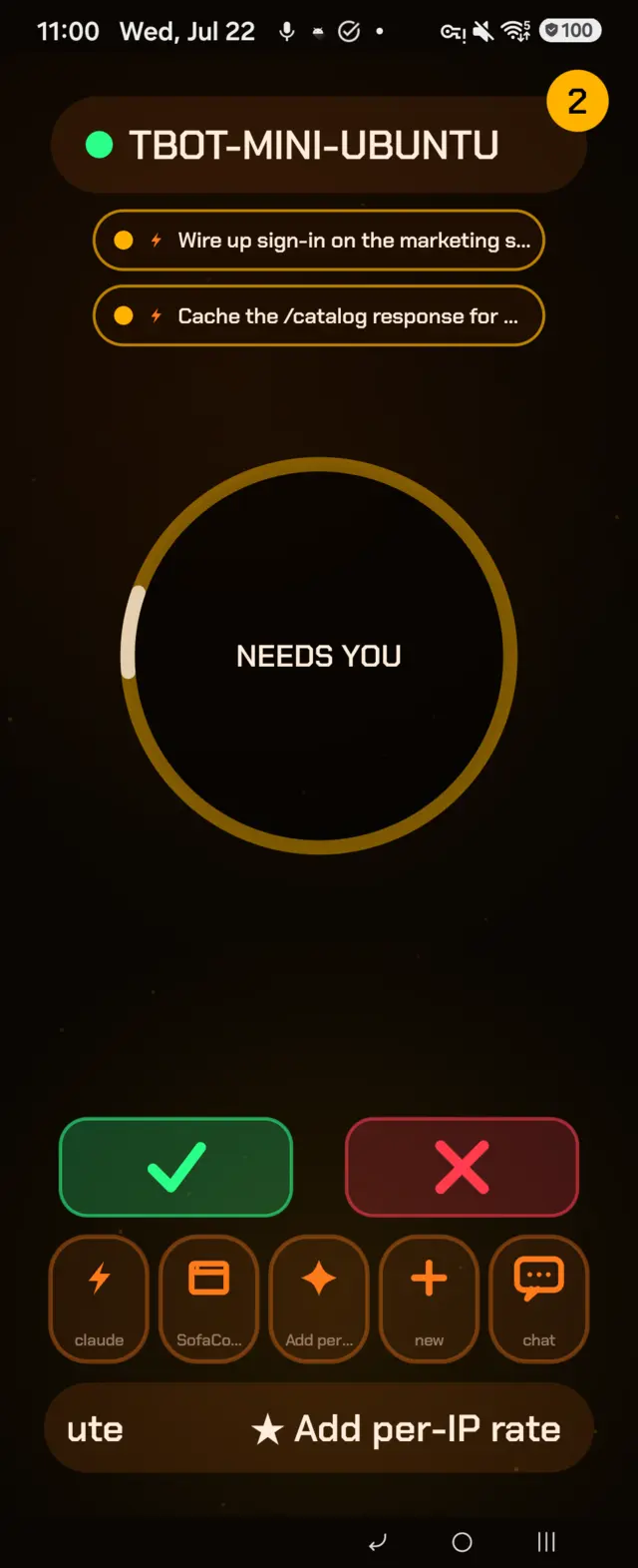SofaCode deck showing a floating attention bubble for a session on another machine that needs you, a needs-you count badge on the machine pill, and Approve and Deny buttons
