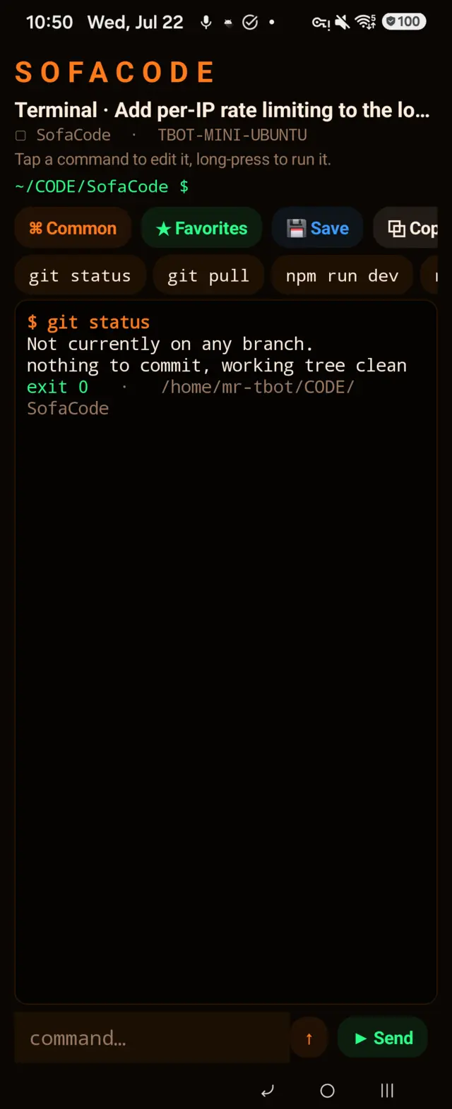 SofaCode terminal with a shell-style working-directory prompt, a git status command with its clean output and exit code, and a rail of favorite commands