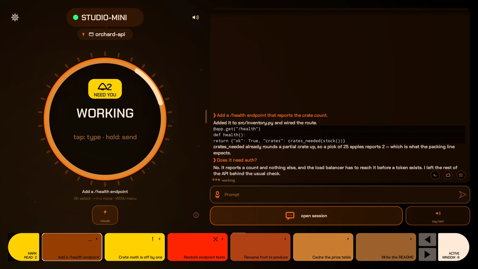 SofaCode on a 1080p television: the deck's ring says WORKING with the remote's focus on it, the session's live transcript fills the right half, and six sessions line the bottom of the screen